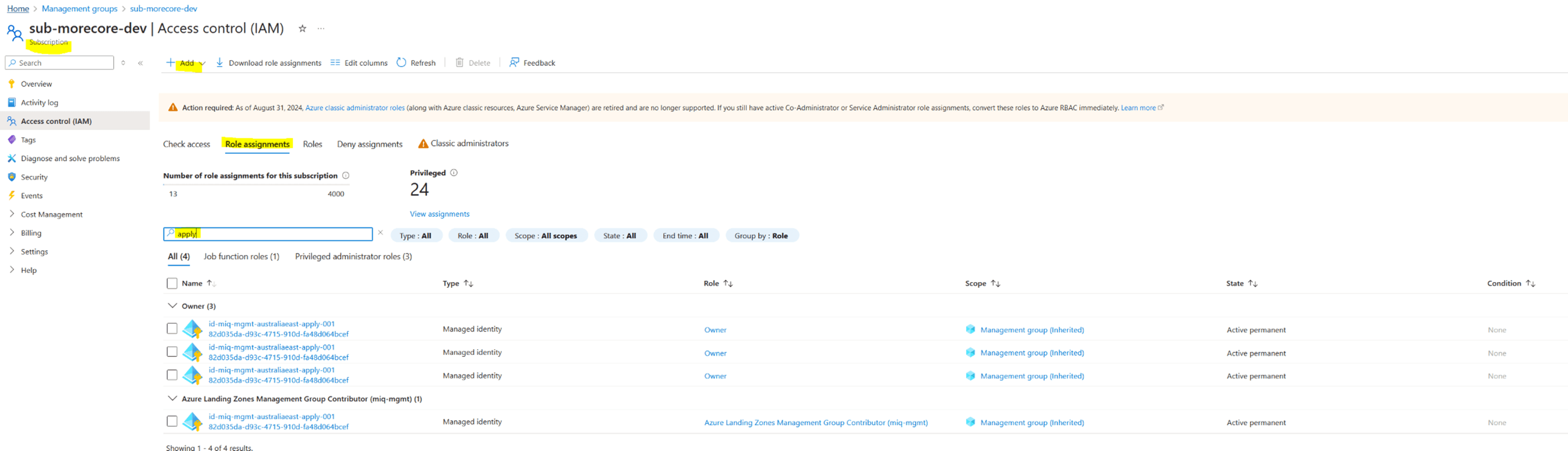 Subscription Role Assignments Add