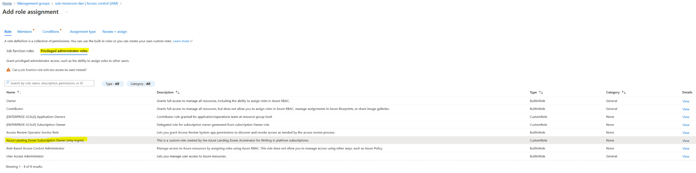 Subscription Privileged Role Selection