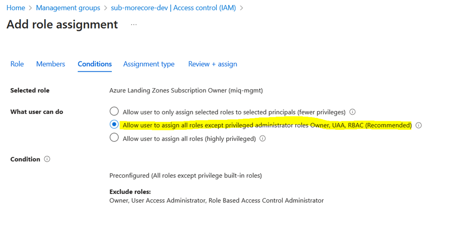 Subscription Role Assignment Condition Selection