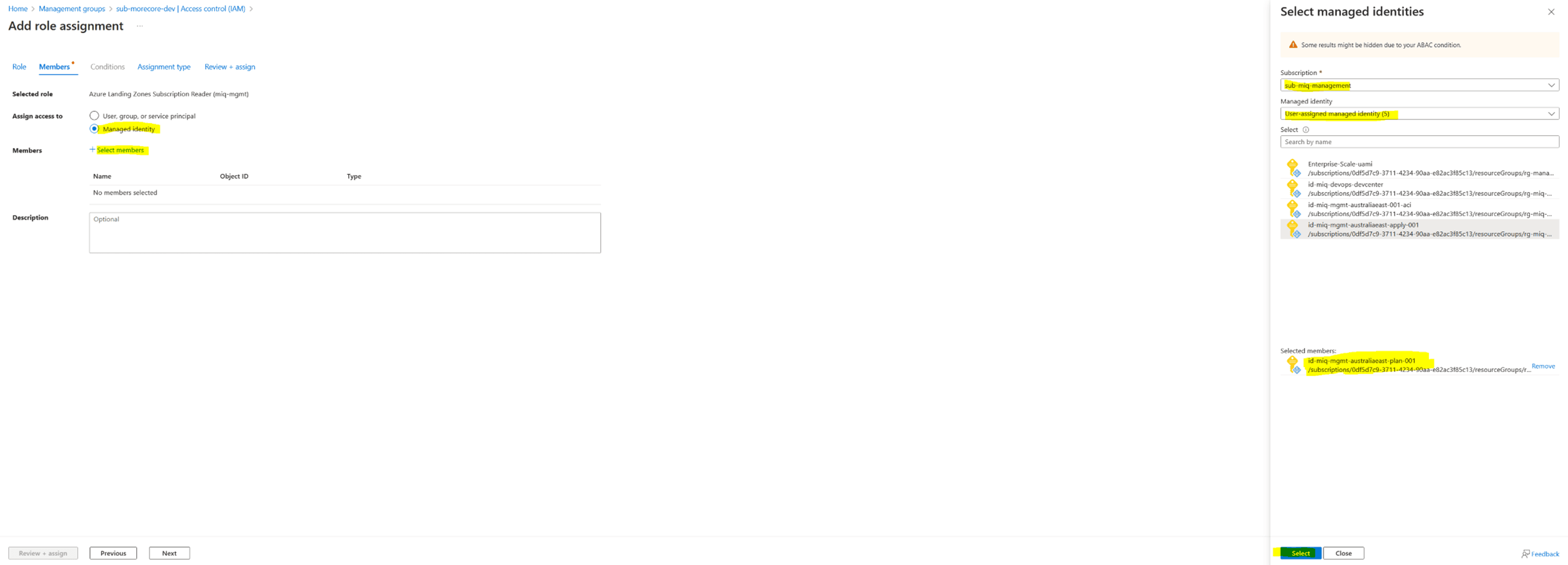 Subscription Managed Identity Selection