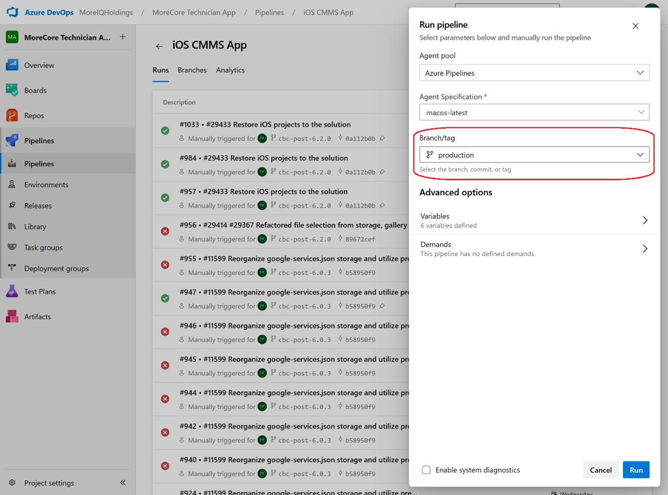 iOS Branch Selection